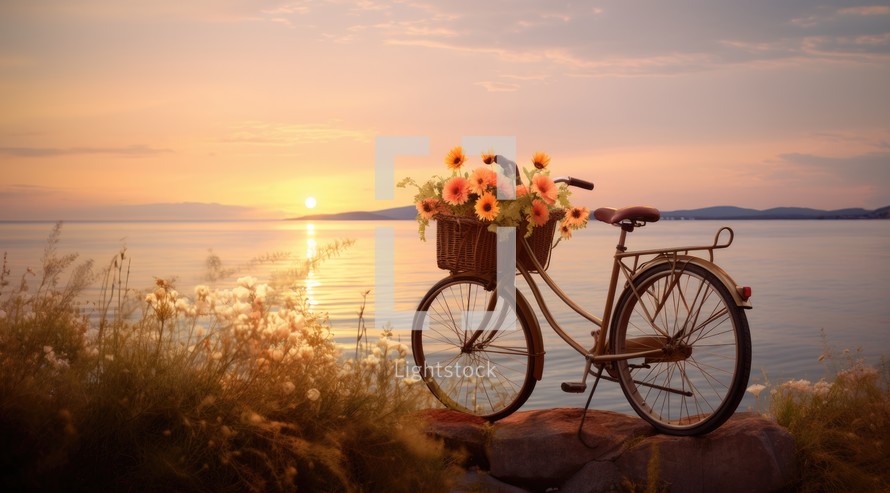 Bicycle with flowers on the background of the sea 