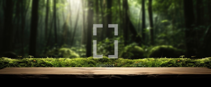 Empty wooden table in front of green forest background. Ready for product display montage