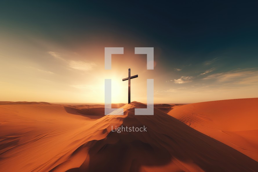 Cross in the desert at sunset