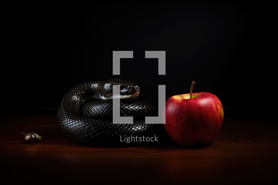 The original sin, the forbidden fruit. Black snake and red apple on a wooden table, black background