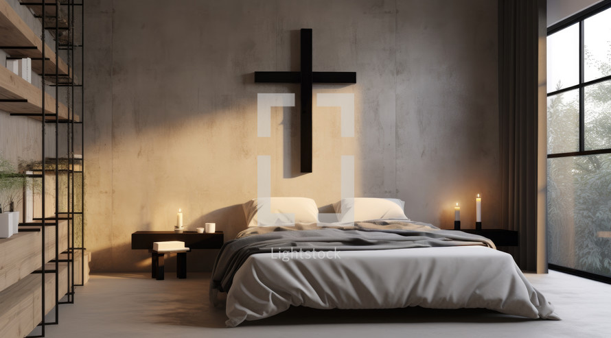 Christian home interior. Bedroom interior design with wooden cross on the wall.