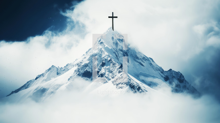 Searching for Christ, a journey towards Faith. A Cross in the peak of a snowy mountain chain amidst the clouds