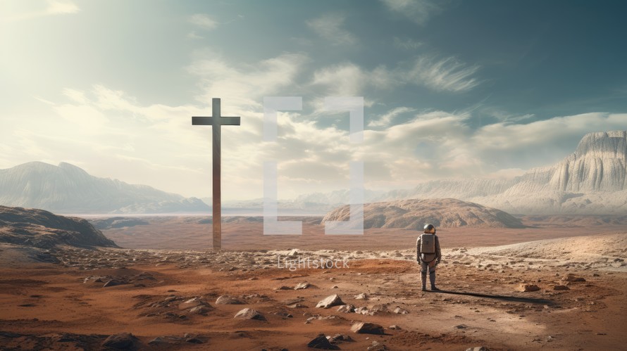 Searching for Christ, a journey towards Faith. An astronaut in a deserted distant planet stands in front of a giant Cross
