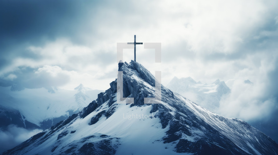 Searching for Christ, a journey towards Faith. A Cross in the peak of a snowy mountain chain amidst the clouds
