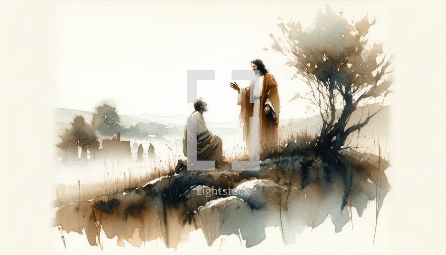 Jesus Christ appears to Peter. Life of Christ. Watercolor Biblical Illustration