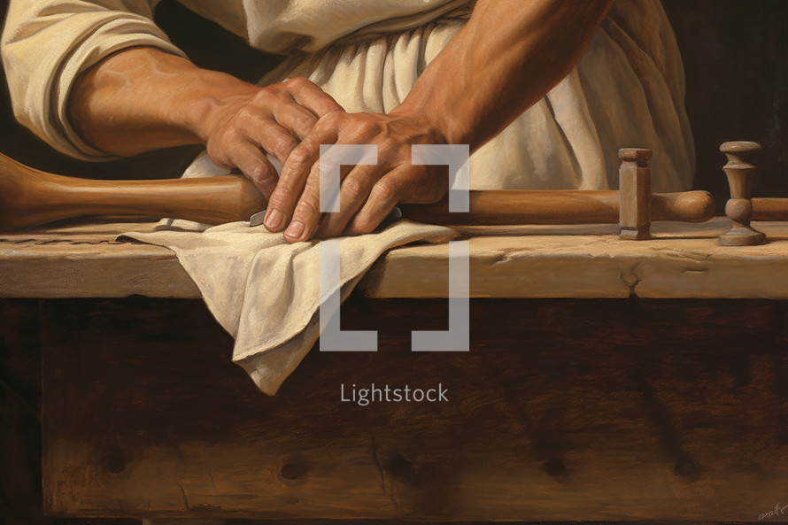 a man's hands working on a work bench in bible times in a painting style