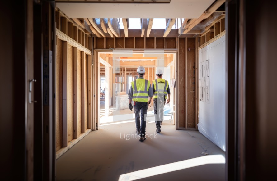 Construction worker in protective clothing and reflective vest walking towards the entrance of a new house