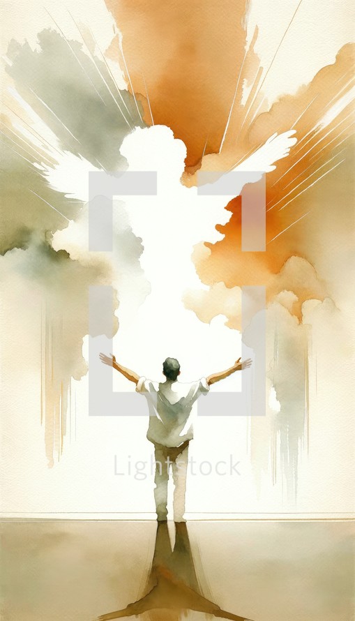 Man with hands up standing in front of a cloud of light. Digital watercolor painting.