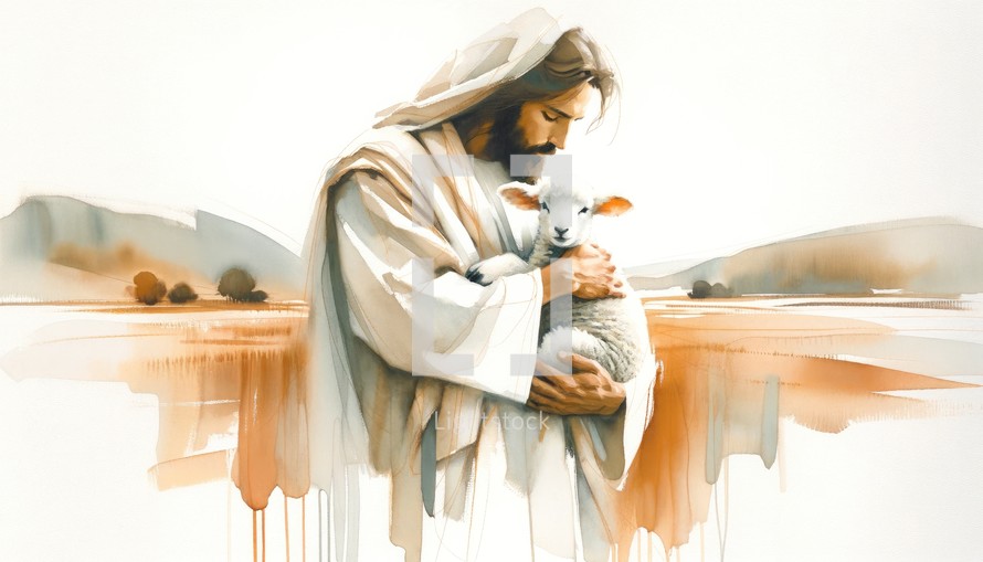  Digital painting of Jesus with a lamb in his arms. Conceptual image.
