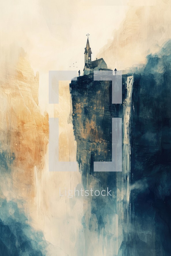 Digital painting of a man standing on top of a cliff with a church in the background