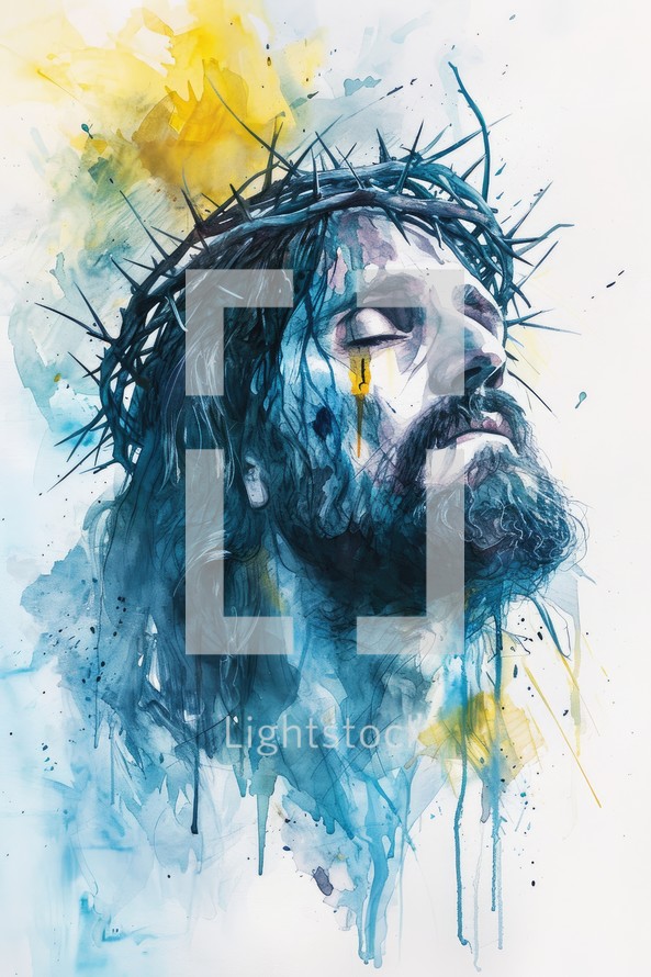 Portrait of Jesus with crown of thorns, his eyes closed, praying. Colorful oil painting.