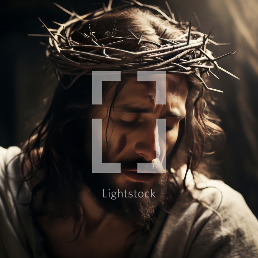 Portrait of Jesus wearing a crown of thorns, face expressing suffering