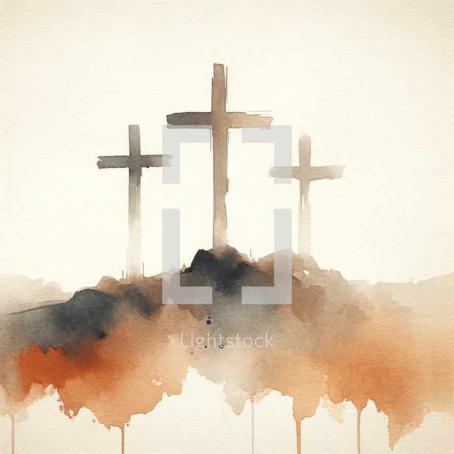 The three crosses on Golgotha. Crosses painted in watercolor on neutral background