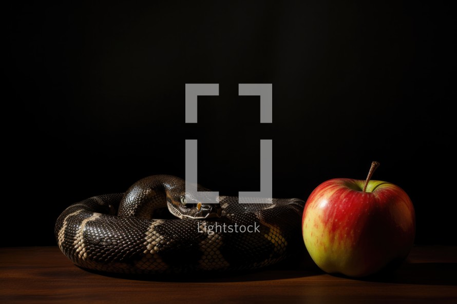 The original sin, the forbidden fruit. Snake and apple on a wooden table. Black background. Copy space.
