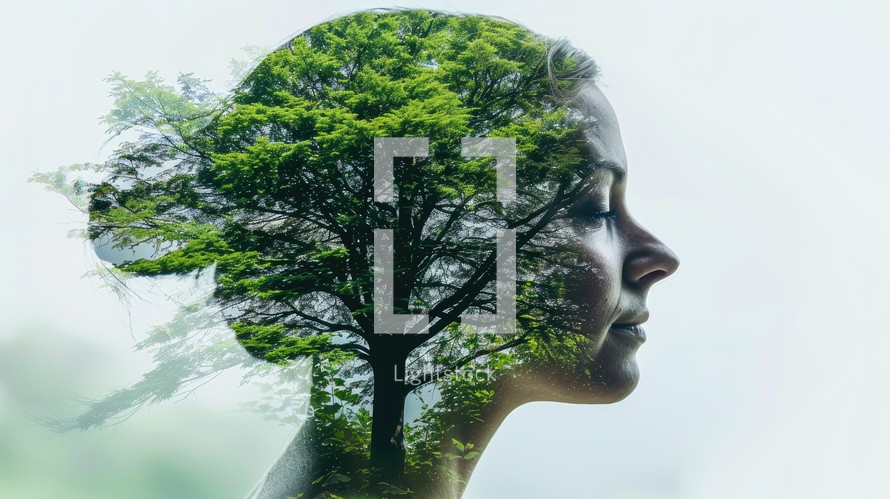 Environmental awareness. Double exposure of female head with tree and green leaves. Concept of ecology.
