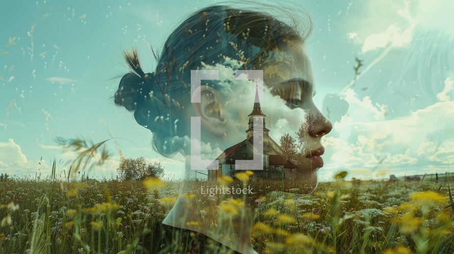 Double exposure portrait of young woman with church in the meadow.