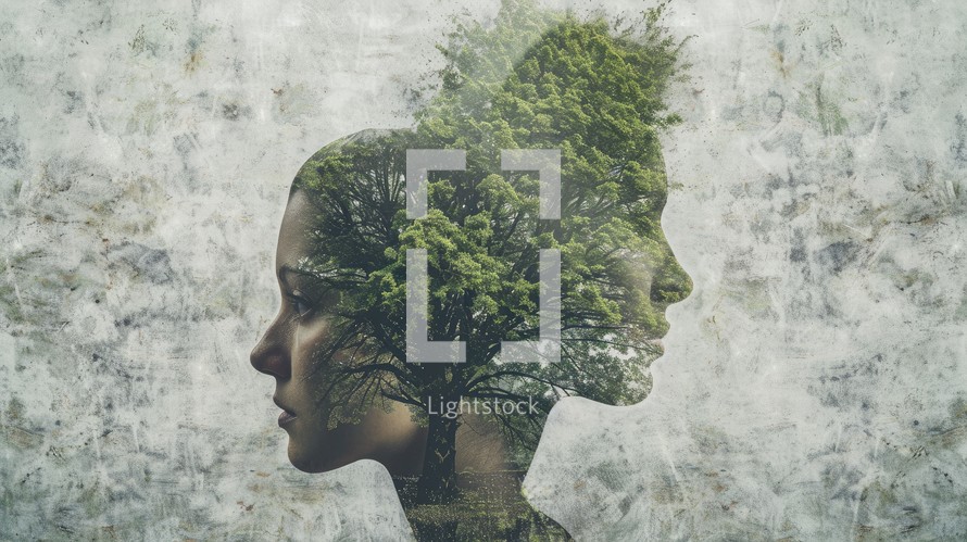 Environmental awareness. Double exposure of women head profile and green tree on grunge background. Ecology concept.