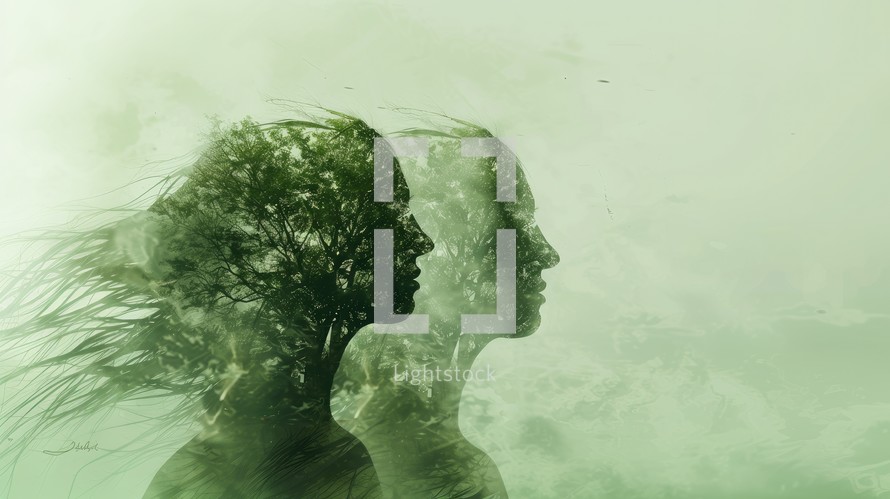  Environmental awareness. Double exposure of two women with trees in the sky.
