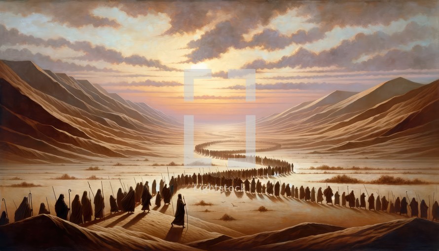 The Exodus. Israelites walking through the desert.