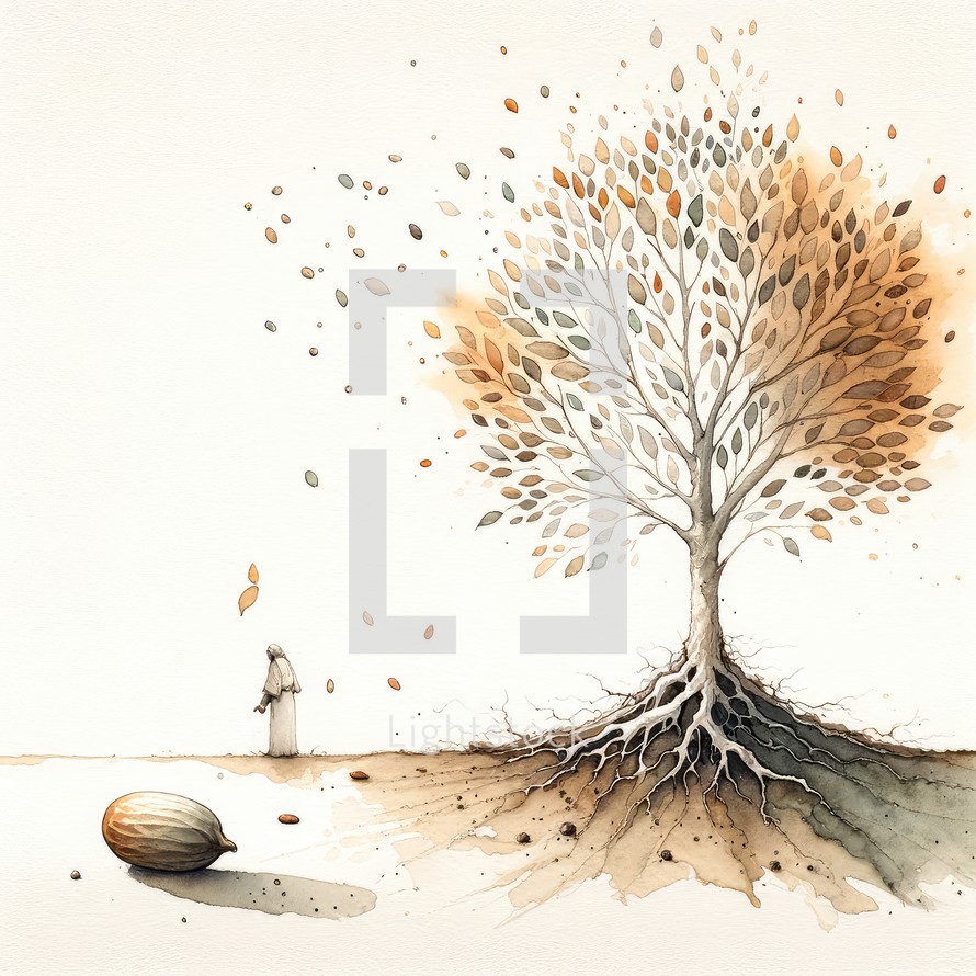 The mustard seed. Watercolor illustration of a man under the big tree and the symbol of the seed