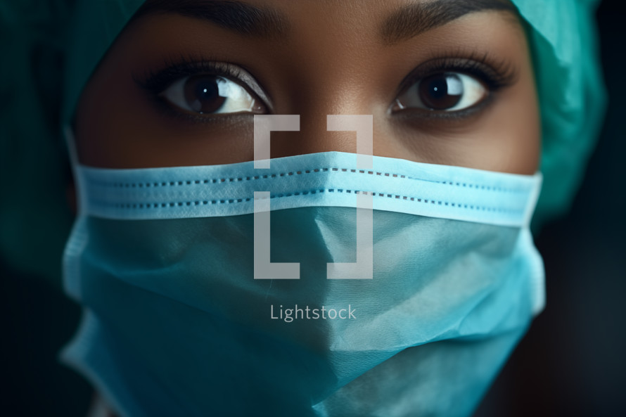 Close-up shot of African American nurse with a mask