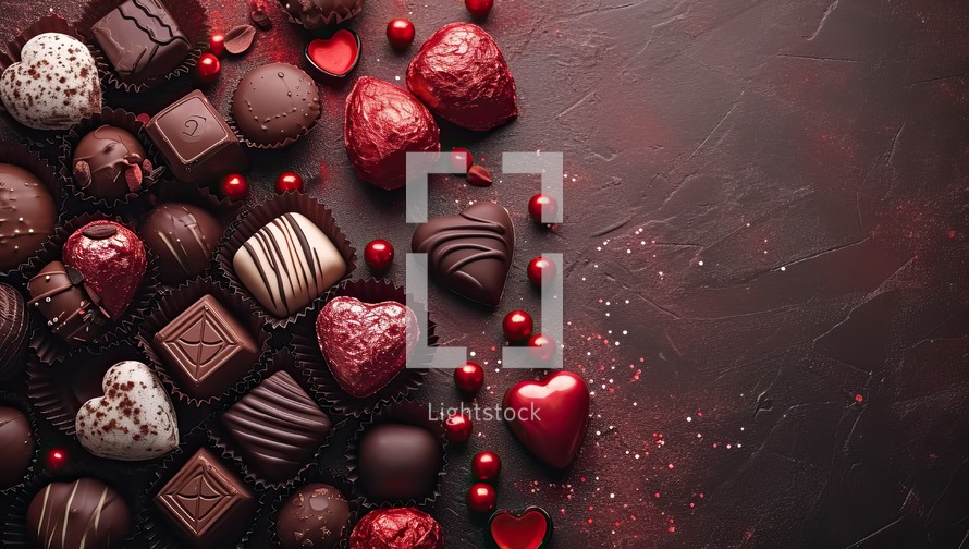 Chocolate candies with red hearts on dark background. Top view with copy space