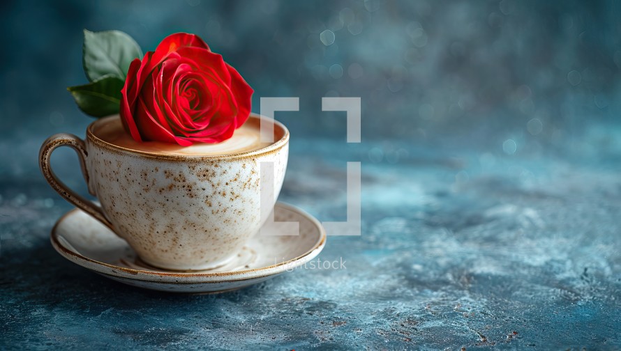Cup of cappuccino with red rose on blue background