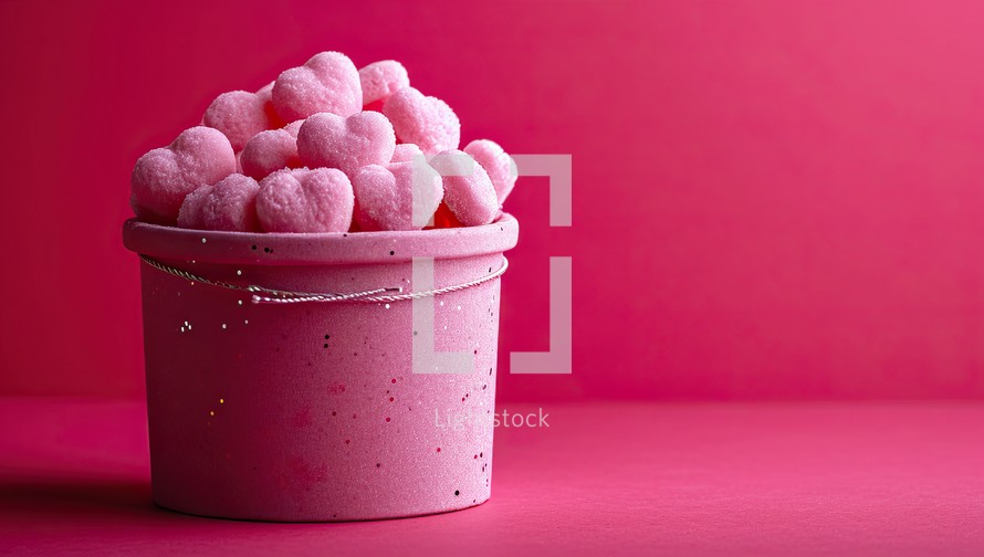Pink heart shaped marshmallows in a pink bucket on a pink background