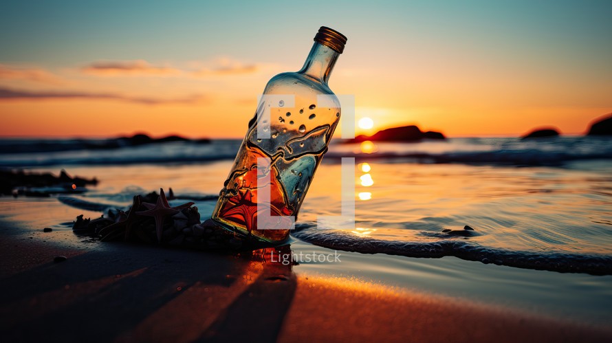  A bottle with a message inside on the beach at sunset