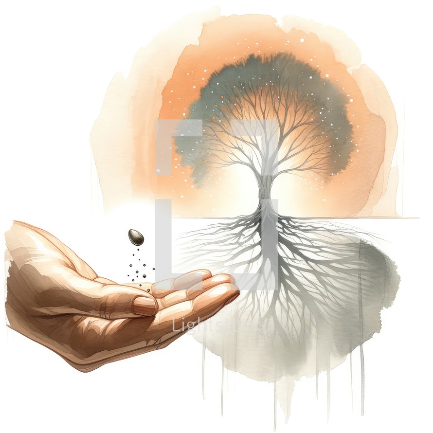 The mustard seed. Illustration of the hand of a man with a seed and a big tree in the background