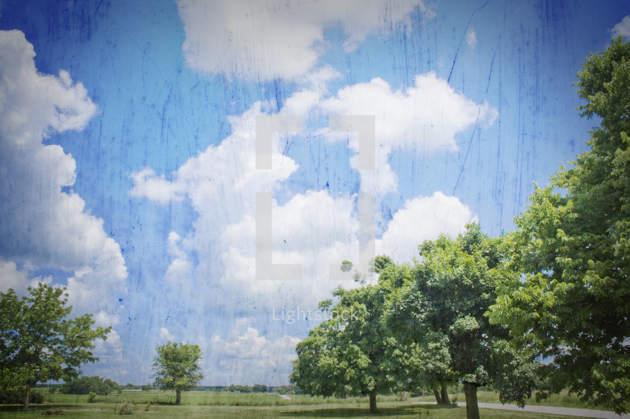 trees, clouds, and blue sky landscape