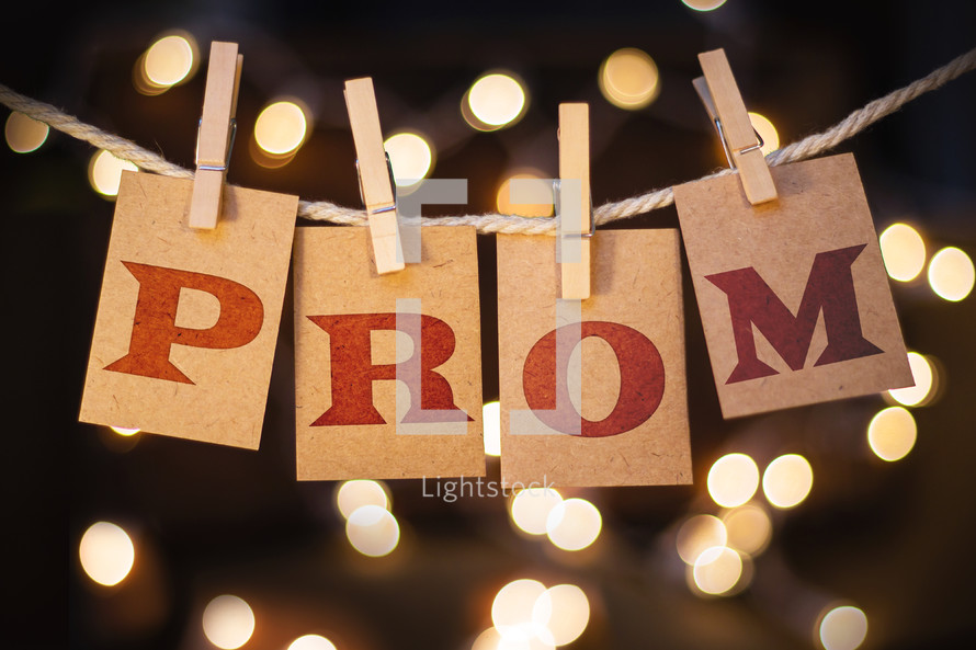 word prom hanging on clothes pins 