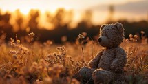 Teddy bear sitting on the grass in the field at sunset.