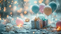 Colorful balloons with gift box on bokeh background. Christmas and New Year concept