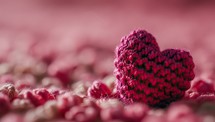 Valentine's day background with pink knitted heart on a pink background