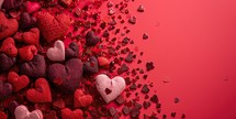 Valentine's day background with red hearts and confetti on red background