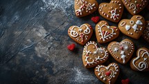 Christmas gingerbread cookies in the shape of a heart on dark background