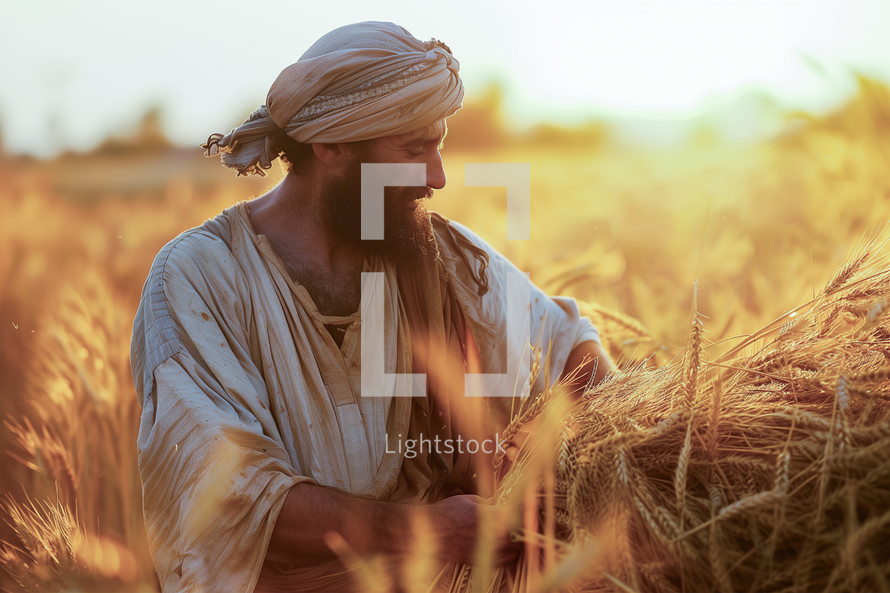 A man harvesting up wheat at sunset