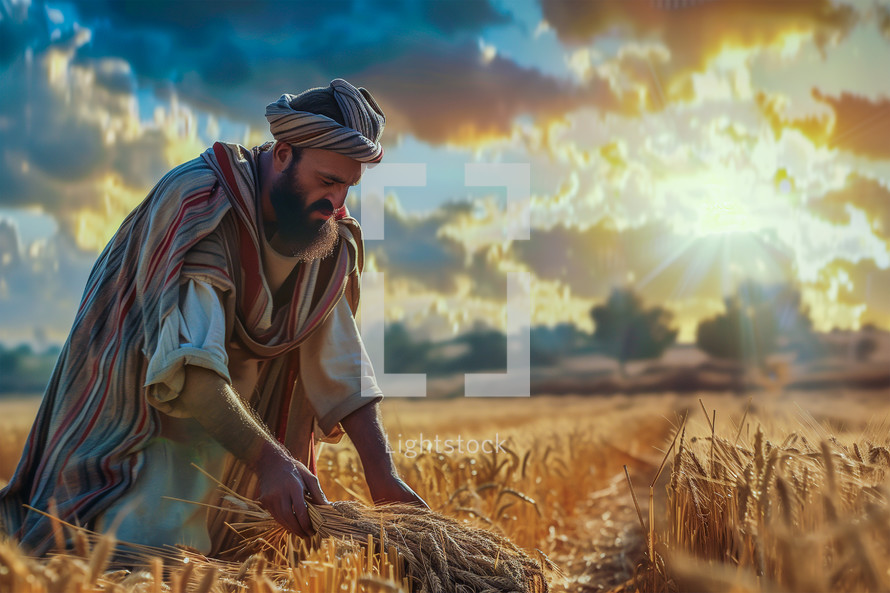 A man harvesting wheat at sunset