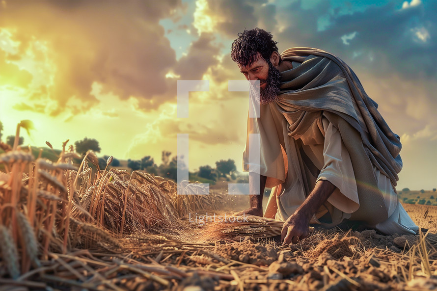 A man harvesting wheat at sunset