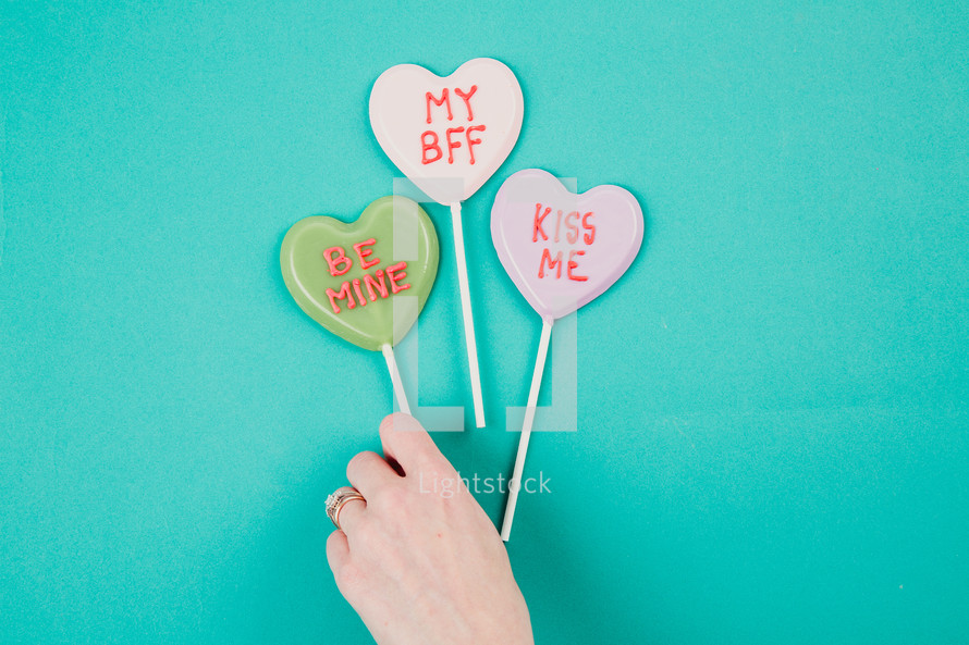 Heart shaped Valentine candies with Valentine messages.