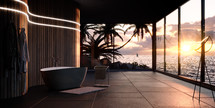 Interior architecture concept. Romantic minimalist modern bathroom with sea view and palms by sunset. 