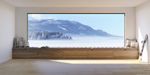 Interior architecture concept. Minimalist modern living room with view of a winter landscape.