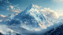 A mountain coated in a layer of thick snow stands prominently against a backdrop of a cloudy sky. The stark contrast between the white snow and grey clouds creates a striking scene in the natural landscape.