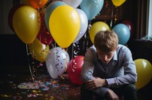 An 17 year old child sits amidst a messy room after their birthday celebration. Balloons are deflating, gifts are scattered, and the child appears slightly sad