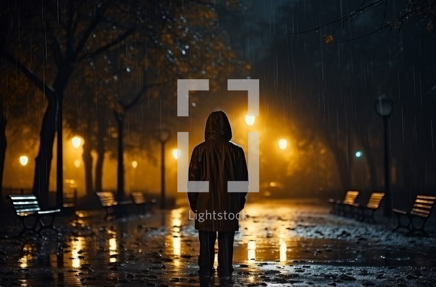 A man in a raincoat strolls through a park at night, illuminated by glowing lights, as autumn rain gently falls