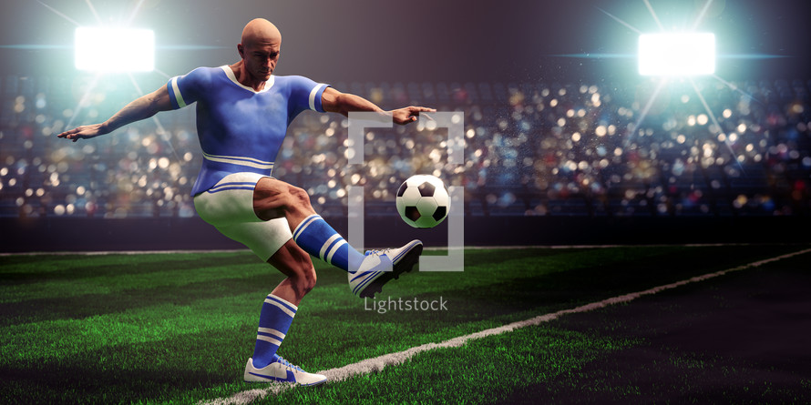 Soccer or European football. Soccer player shoots the ball with stadium in the background.