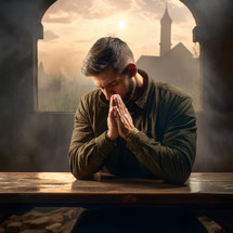 A young man in silent prayer inside a church, bathed in soft light