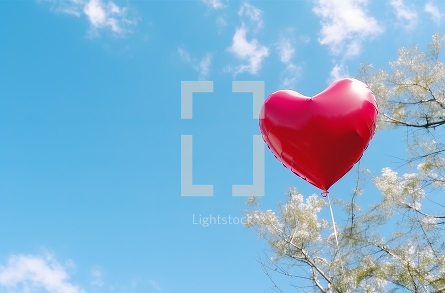 A heart-shaped balloon floating in a blue sky in a park during the day, creating a whimsical and romantic scene