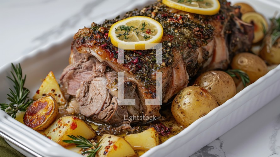 Easter. Roasted Lamb with potatoes and rosemary in baking dish